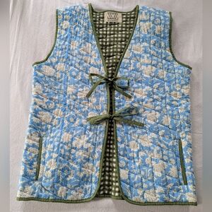 SZ Blockprints Made In India Tie Front Quilted Vest Blue Floral Green Checkered
